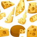 Seamless pattern. Cheese slices collection. Triangular piece of cheese. Dairy milk product icon set. Flat vector illustration on