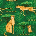 Seamless pattern with cheetahs, leopards in the jungle. Repeated exotic wild cats in the background of the savannah