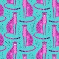 Seamless pattern with cheetahs, leopards. Repeated exotic wild pink cats on a turquoise background. Vector illustration