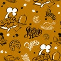 Seamless pattern. Chef. Kitchen theme. Logotype. Cook. Bon appetit. Pizza. Stylish lettering. vector illustration.