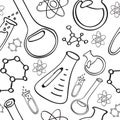 Seamless pattern of chemical equipment doodles: flasks, atoms, structures Royalty Free Stock Photo