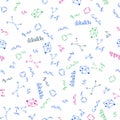 Seamless pattern of chemical formulas and signs, hand-written in different colors Royalty Free Stock Photo