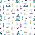 Seamless pattern with chemistry and physics laboratory equipment. Backdrop with measuring tools for scientific