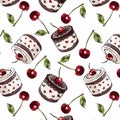Color seamless pattern of cherries and chocolate cakes on a white background.