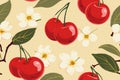 seamless pattern with cherries and flowers on a beige background Royalty Free Stock Photo