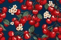 seamless pattern with cherries and flowers on a dark blue background Royalty Free Stock Photo