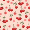 Seamless pattern with cherries and flowers. Vector graphics Royalty Free Stock Photo