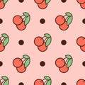 A seamless pattern of cherries with leaves and dots on a pink background, arranged in a staggered order. Print for Royalty Free Stock Photo