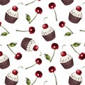 Color seamless pattern of cherries and muffins on a white background.