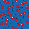 Seamless pattern of cherry berries. Repeatable hand drew color red summer berry illustration on blue background.