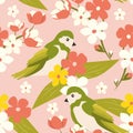 Seamless Pattern With Cherry Blossom Branches And Cute Birds.