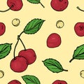 Pattern with cherry. Bright ripe cherries and pits on a white background. Colorful vector illustration in sketch style. Royalty Free Stock Photo