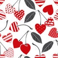Seamless pattern with cherry-heart. Vector illustration. Decorative background for Valentine`s Day or wedding. Royalty Free Stock Photo
