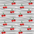 Seamless pattern with cherry on modern texture with black stripes.