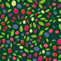 Seamless pattern with Cherry Strawberry Raspberry Blackberry Blueberry Cranberry Cowberry Goji Grape on dark green background. Royalty Free Stock Photo