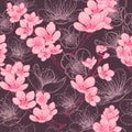 Seamless pattern with cherry tree blossom. Vintage hand drawn vector illustration Royalty Free Stock Photo