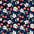 seamless pattern of cherry and white flowers on a dark blue background Royalty Free Stock Photo