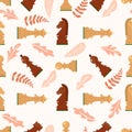 Seamless pattern with chess wooden figures, abstract leaves .Brown and white pieces on pink background. Vector.King