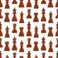 Seamless pattern with chess wooden figures. Brown pieces on white. Vector.King, queen, pawn, rook, horse, bishop.