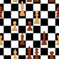 Seamless pattern with chess wooden figures.Brown and white pieces on chessboard. Vector