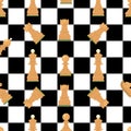 Seamless pattern with chess wooden figures.Brown and white pieces on chessboard. Vector.