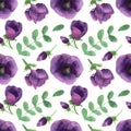Seamless pattern with chic purple flowers. Leaves and anemones.
