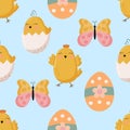 Seamless pattern with chickens, butterfly and egg Royalty Free Stock Photo