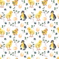 Seamless pattern with chickens, ducklings, spring twigs, feathers and eggs hand-painted in watercolor on a white