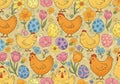 Seamless pattern with chickens, Easter eggs, and flowers Royalty Free Stock Photo
