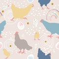 Seamless pattern with chickens, eggs, flowers and hand drawn doodles. Vector illustration Royalty Free Stock Photo