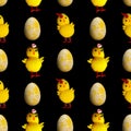 seamless pattern. chickens with eggs isolated on a black background