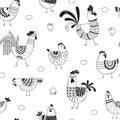 Seamless pattern with chickens, roosters, eggs in cartoon style, line art. Background for design cover product packaging