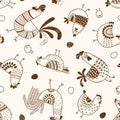 Seamless pattern with chickens, roosters, eggs in cartoon style, line art. Background for design cover product packaging