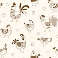 Seamless pattern with chickens, roosters, eggs in cartoon style, line art. Background for design cover product packaging