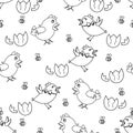 Seamless pattern with chicks and bees in outline minimalist style isolated on white background Royalty Free Stock Photo