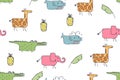 Seamless pattern, childish African animals illustration. Cute pink elephant, funny whale on white. Cartoon character. Baby Royalty Free Stock Photo