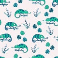 Seamless pattern, childish animals chameleon illustration. Cute green color chameleon. Kawaii cartoon character. Baby