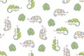 Seamless pattern, childish animals chameleon illustration. Cute green color chameleon. Kawaii cartoon character. Baby