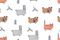 Seamless pattern, childish animals illustration. Cute cat, funny bear, rabbit on white. Kawaii cartoon character. Baby