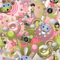 Seamless pattern with childish cartoon style elements, boy and girl, pets. Child concept wallpaper texture.