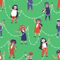 Seamless pattern with children in carnival costumes and masks of forest animals are holding a garland in their hands Royalty Free Stock Photo