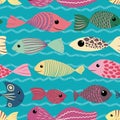 Seamless pattern of children cute fish on blue wavy background. Cartoon style multicolored underwater creatures. Smilin Royalty Free Stock Photo