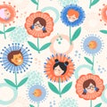 Seamless pattern with children in flowers. Design element for Happy Mothers Day and Children Protection Day