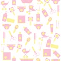 Seamless pattern of children with the means to care for the child. Pink and yellow background for children's clothes. Royalty Free Stock Photo