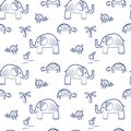 Seamless pattern with children`s animal drawings. Doodle Elephant, bird, turtle and palm tree on a white background