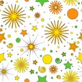 Seamless pattern for children`s items of orange-yellow and green dots, stars, curls and flowers, on a white background, vector Royalty Free Stock Photo