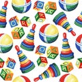 Seamless pattern with children`s pyramid, cube and a ball on a white background. Watercolor illustration. Royalty Free Stock Photo