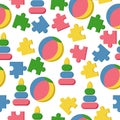 Seamless pattern on a children`s theme, bright ball pyramid and puzzle pieces on a white background Royalty Free Stock Photo