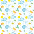 seamless pattern on a children`s theme, clouds with raindrops, the sun and a boat on a light background