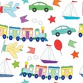 Seamless pattern with children`s toys for the boy.